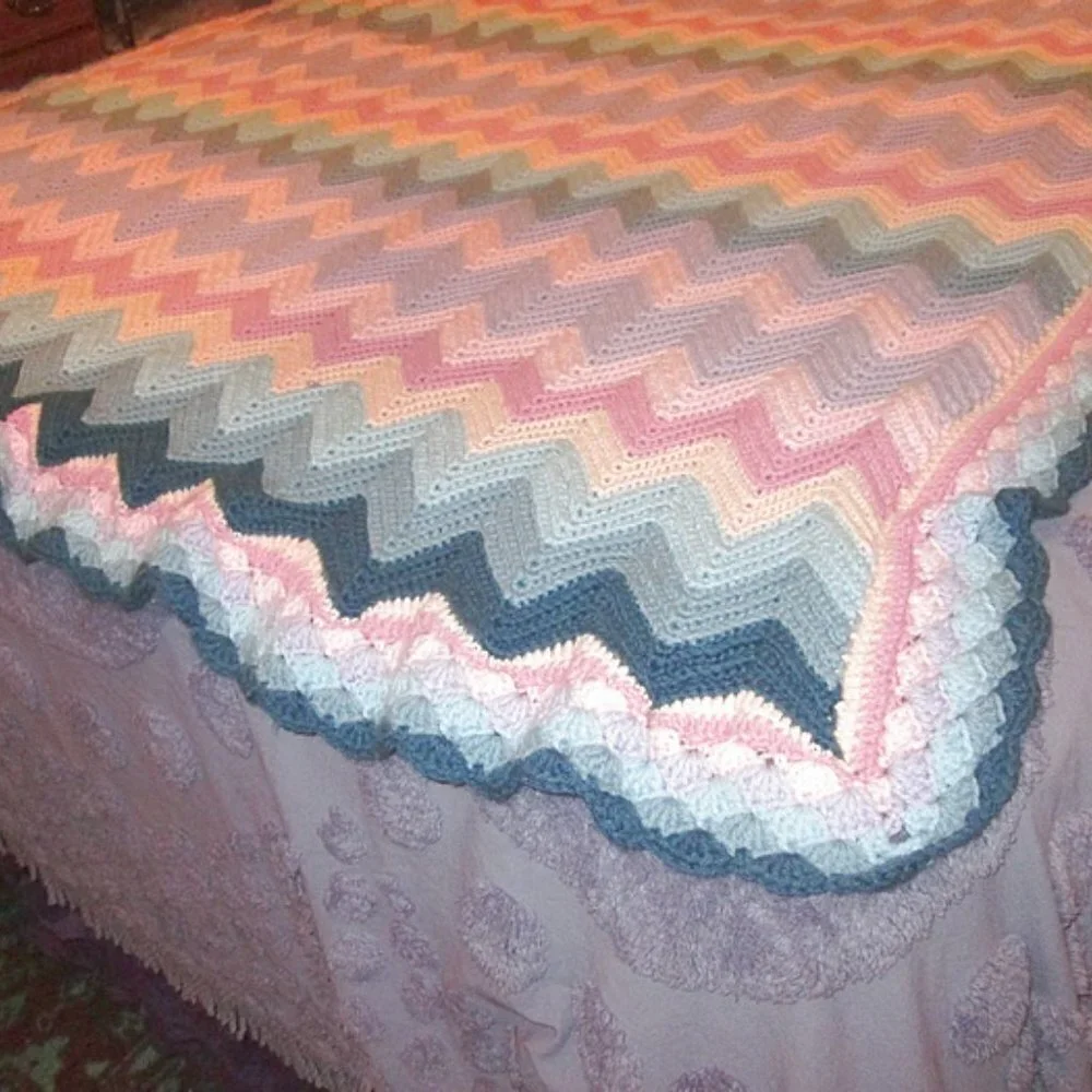 Vtg 90s Hand Crochet Afghan Throw Blanket Couch Throw Colorful Chevron Boho 59”